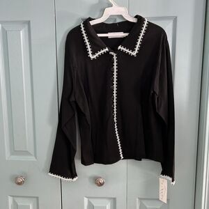 Willow Womens Black Button Up Blouse Top Medium White Trim Witchy Whimsigoth Vtg
